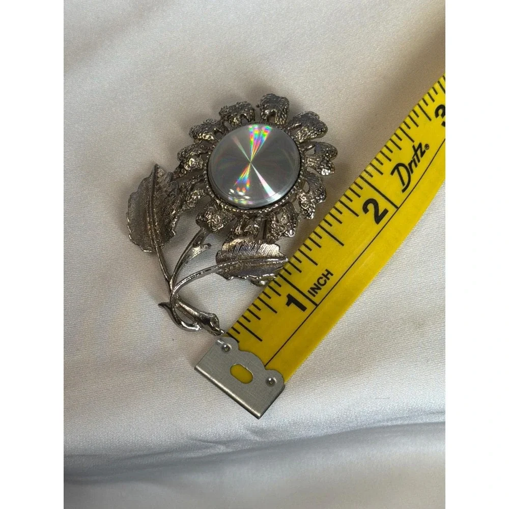 Vintage Jewelarama Silver Tone Floral Brooch Iridescent Rainbow Center Stone